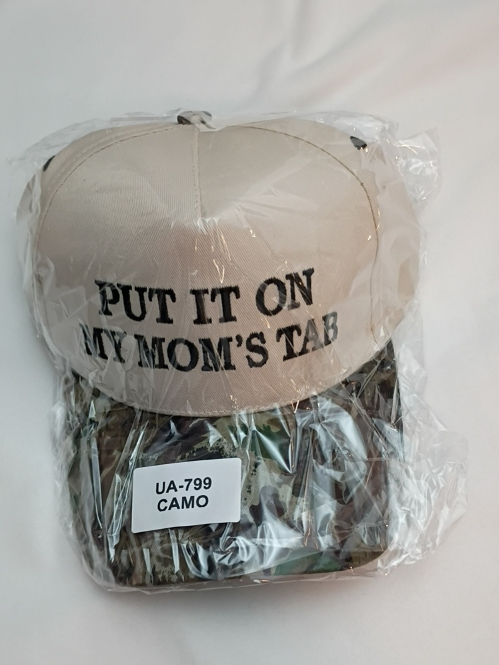 Women's Beige 'Put It On My Mom's Tab' Camo Cap